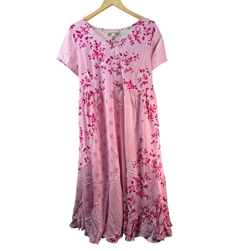 Woman Within 16WP Pink Floral Maxi Dress Rayon Tie Back Cottagecore Short Sleeve